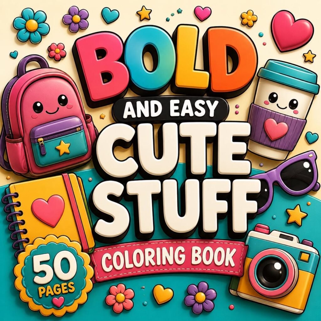 Bold Easy Stuff Coloring Book | 50 Kawaii Pages (Digital Download)