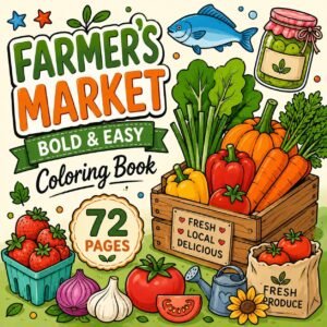 Farmers Market Coloring Book, Bold Easy Pages, Fruits Vegetables (PDF Download)