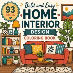 93-Page Home Interior Design Coloring Book, Cozy Decor, Bold Easy Pages (Digital Download)
