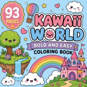 Kawaii World Coloring Book, 93 Pages Bold Easy Designs (Digital Download)