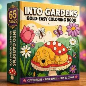 Into Gardens Bold Easy Coloring Book | Puppies, Flowers, Butterflies (Digital PDF Download)