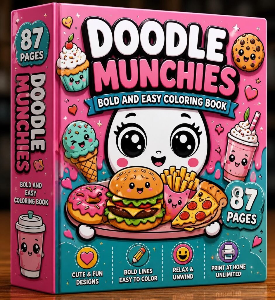 Doodle Munchies Kawaii Food Coloring Book | 87 Pages Bold Easy PDF (Digital Download)