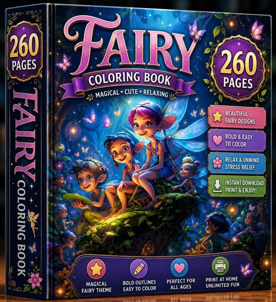 260-Page Fairy Coloring Book, Magical Fantasy Art, Kids Adults (Digital Download)
