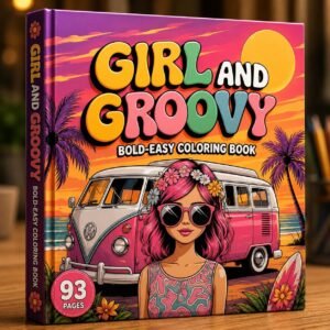 Girl and Groovy Coloring Book | Retro Bold Easy Pages (93 Pages PDF)