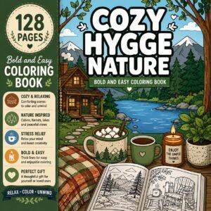 Cozy Hygge Nature Coloring Book, 128 Pages, Bold Easy Adult Scenes (Digital Download)