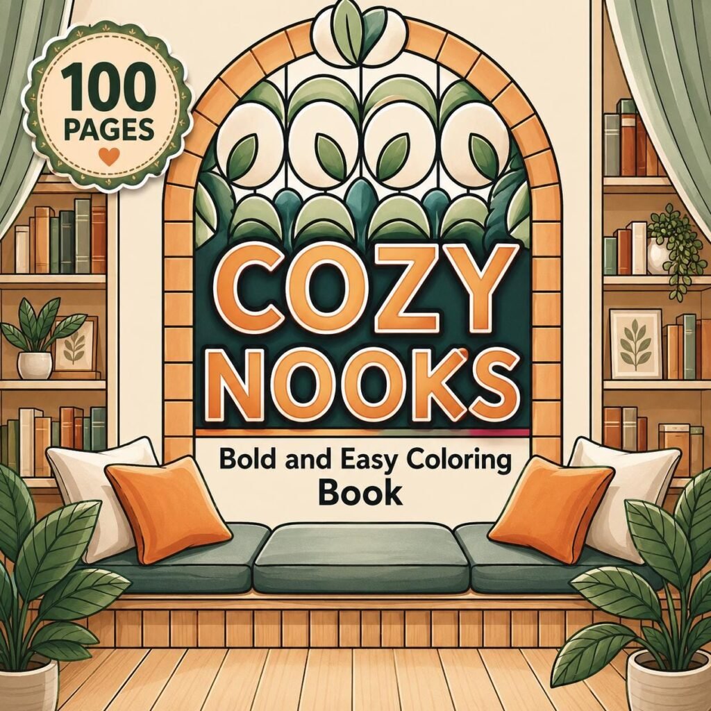100 Bold Easy Coloring Pages | Cozy Nooks Reading Home Book (Digital PDF)