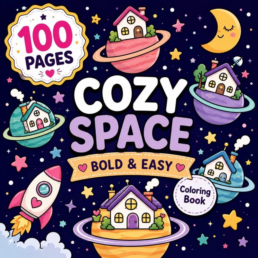 Cozy Space Coloring Book | 100 Bold Easy Pages (Digital Download)