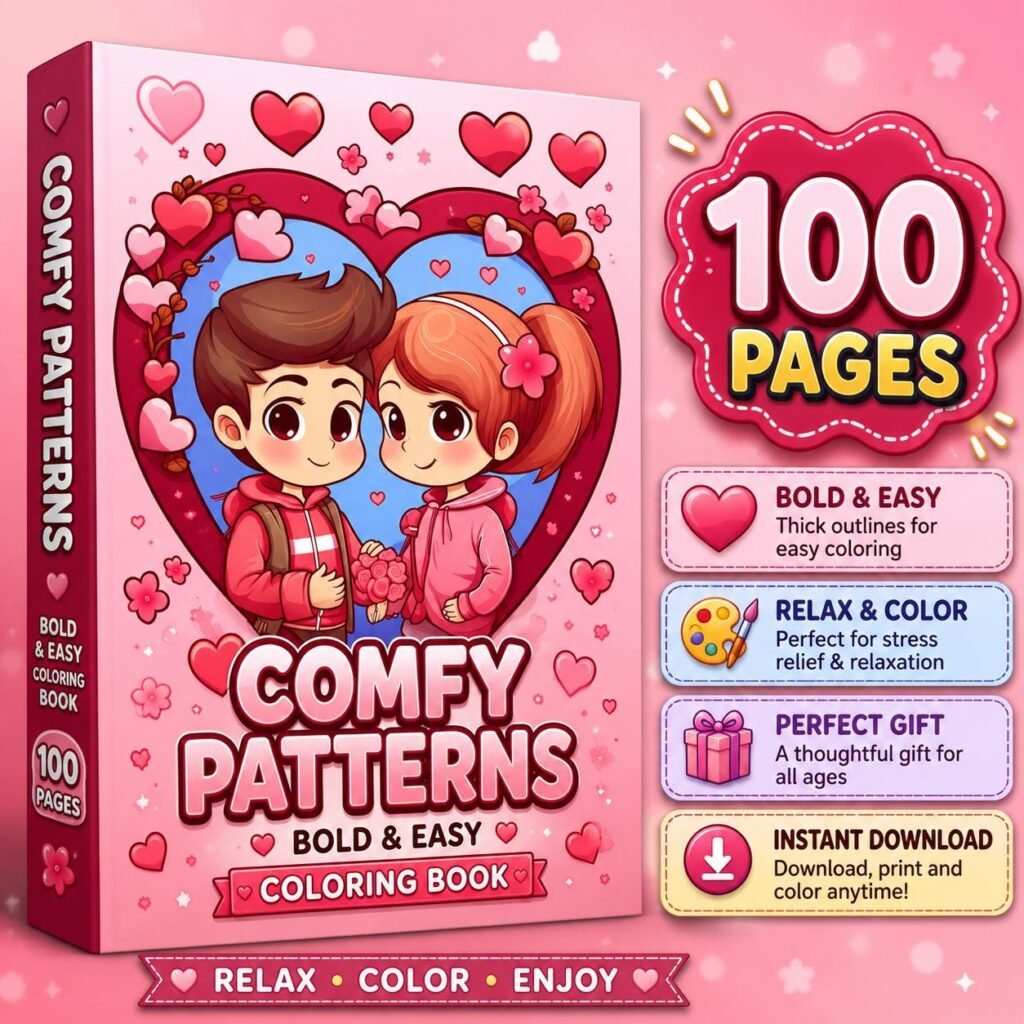 100 Bold Easy Coloring Pages | Kawaii Couple Love Book (Digital Download)
