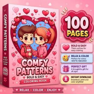 100 Bold Easy Coloring Pages | Kawaii Couple Love Book (Digital Download)