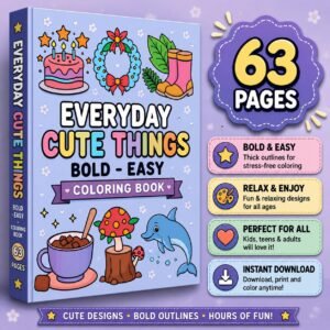 63-Page Everyday Things Coloring Book, Bold Easy Designs (Digital Download)