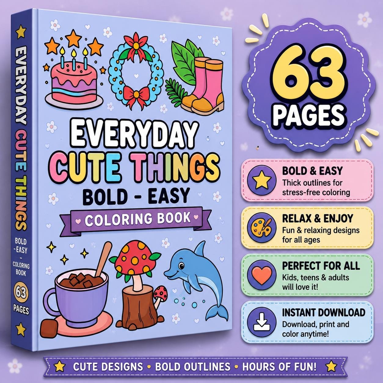 63-Page Everyday Things Coloring Book, Bold Easy Designs (Digital Download)
