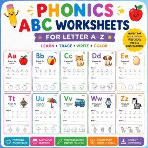 Phonics 52 ABC Worksheets: Letter A-Z Learning, Tracing, Writing (Digital Download)
