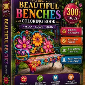 300 Pages Benches Coloring Book | Floral Garden Designs (Digital Download)