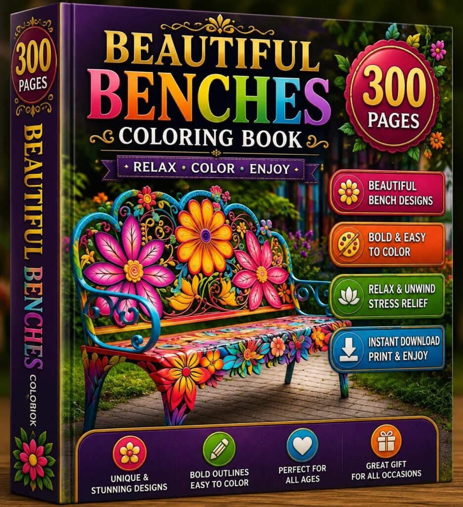 300 Pages Benches Coloring Book | Floral Garden Designs (Digital Download)