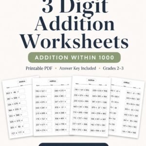 3 Digit Addition Worksheets | Math Drills for Grades 2-3 (Digital PDF)