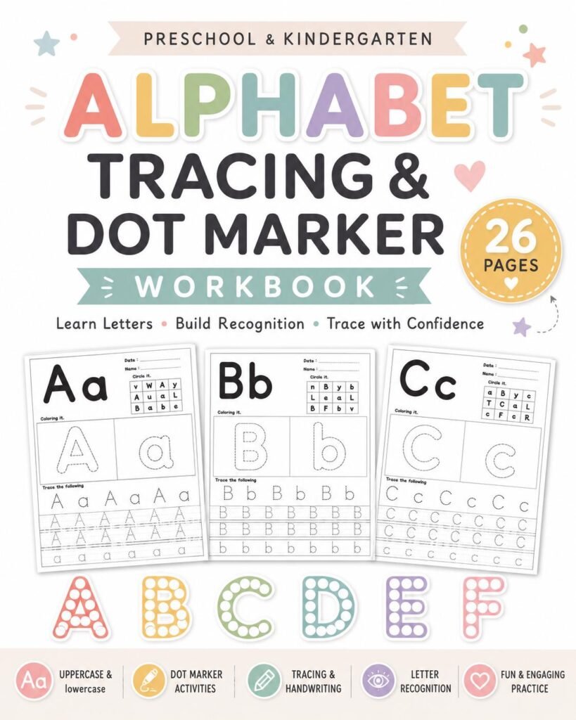 A-Z Letter Recognition & Tracing Worksheets | Uppercase Lowercase Alphabet Practice | 26 Page Preschool Printable PDF