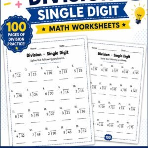 100 Pages Math Practice  Single Digit Division Worksheets |  (PDF Download)