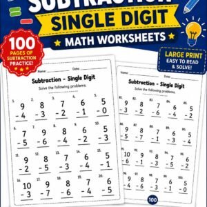 100 Page Single Digit Subtraction Worksheets | Large Print Math Practice (Digital Download)
