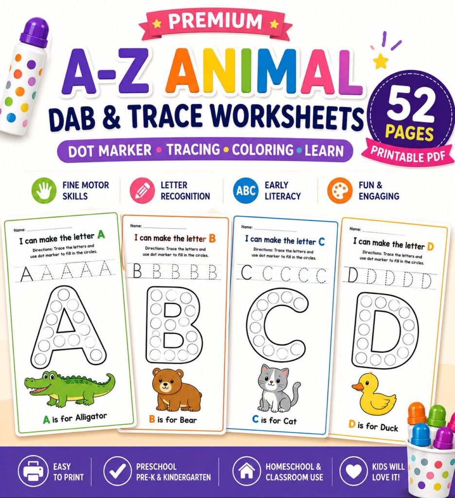 A-Z Animal Dab & Trace Worksheets | 52 Page Alphabet Dot Marker Printable PDF