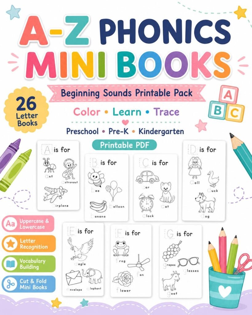 A-Z Phonics Mini Books Printable | Beginning Sounds Letter Booklets | Preschool Alphabet Coloring & Tracing PDF